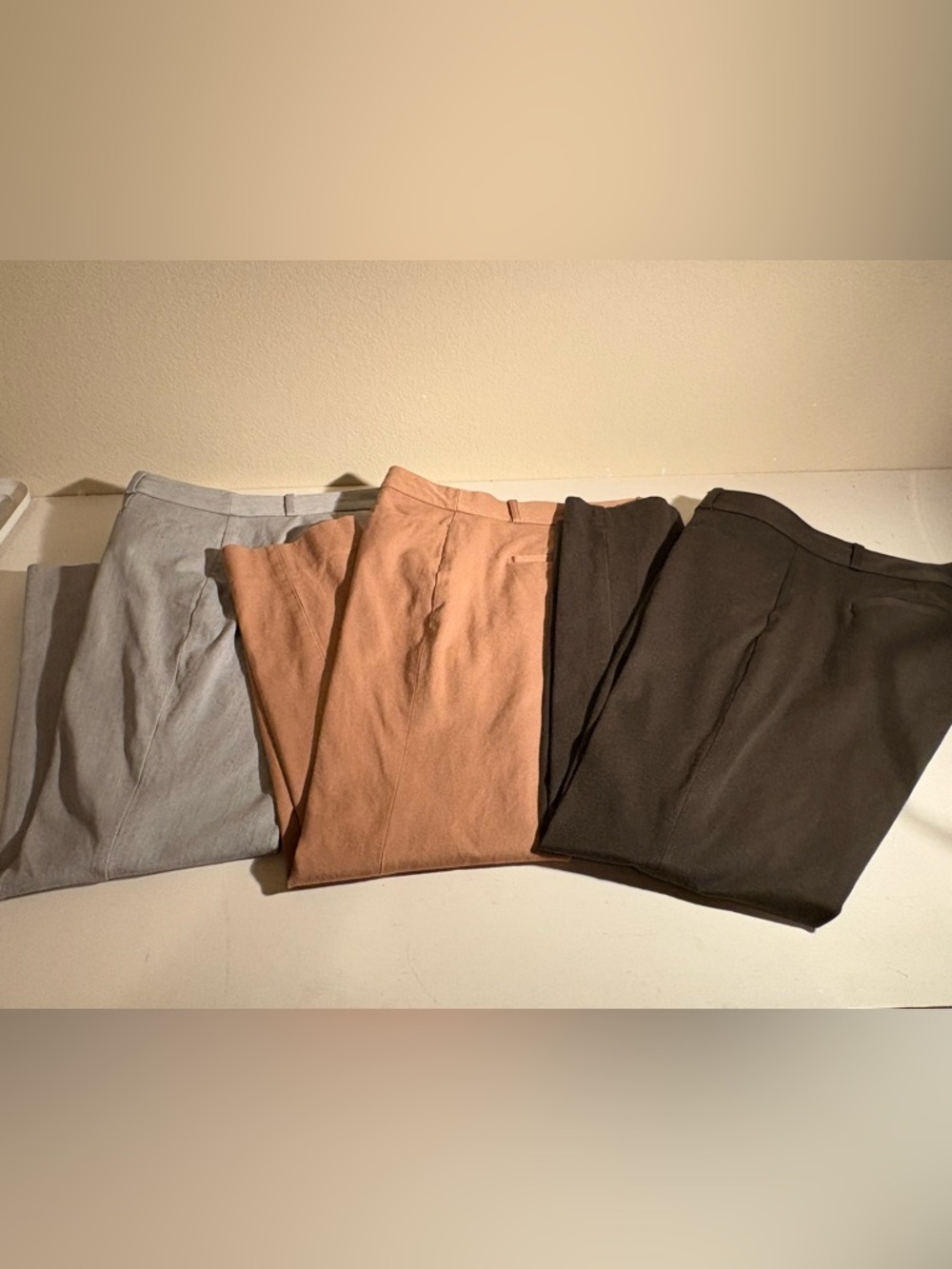 Three pairs of Size 4 Banana Republic Sloan Curvy Fit Pants: Olive, Camel & Gray